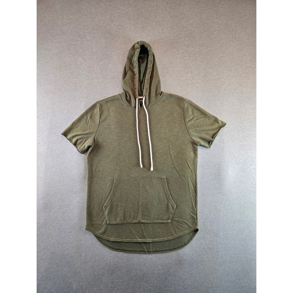 Elwood Short Sleeve Hoodie Mens L Olive Green Drop Tail Curved Hem French Terry